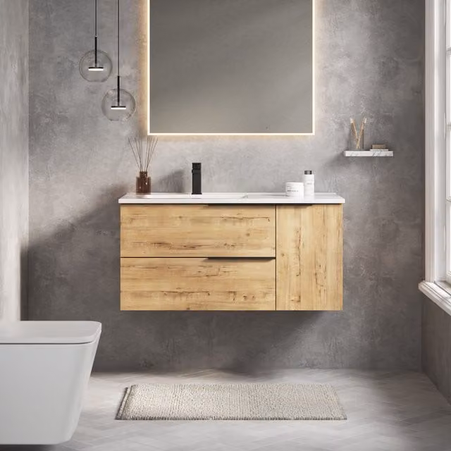 Banyetti Celtic Duo 1000mm Wall Hung Vanity Unit with Door and Basin in Ostippo Light Oak