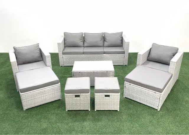 Fimous 8-Piece Rattan Garden Furniture Set in Grey with Upholstered Cushions and Powder Coated Steel Frame
