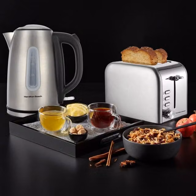 Hamilton Beach Rise Polished Kettle and 4 Slice Toaster Bundle in Silver Stainless Steel