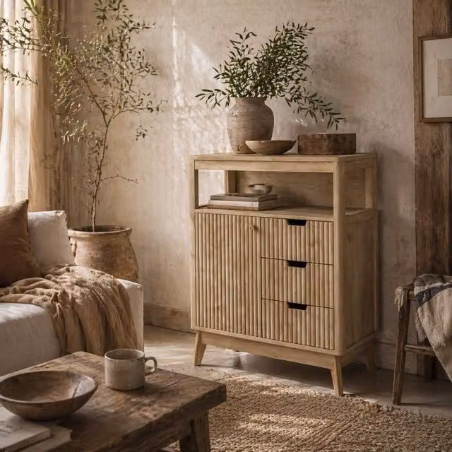Wyld Haus Cova Vira Natural Wood Sideboard with 3 Drawers and Adjustable Shelf in Brown