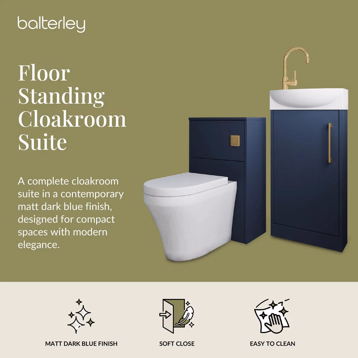 Balterley Modern Cloakroom Suite with Single Door Floor Standing Vanity Unit, Basin, Toilet and Mixer Tap in Blue and Gold – 2