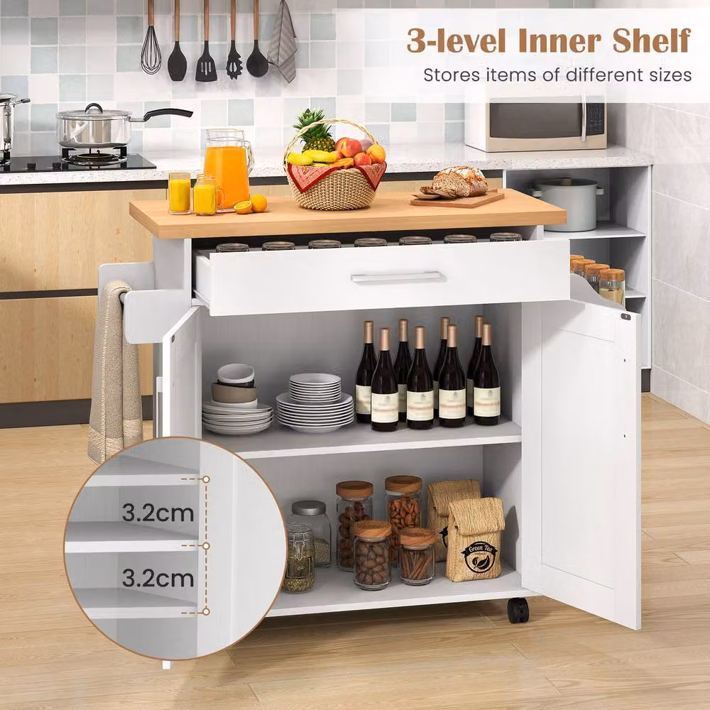 Gymax Kitchen Island Trolley Cart with Spice Rack and Towel Holder in White – 2