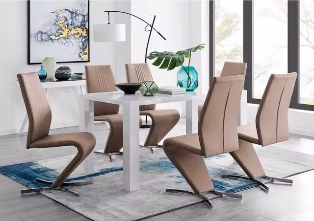 FurnitureboxUK Pivero White High Gloss Rectangular Dining Table and 6 Willow Chairs in Cappuccino
