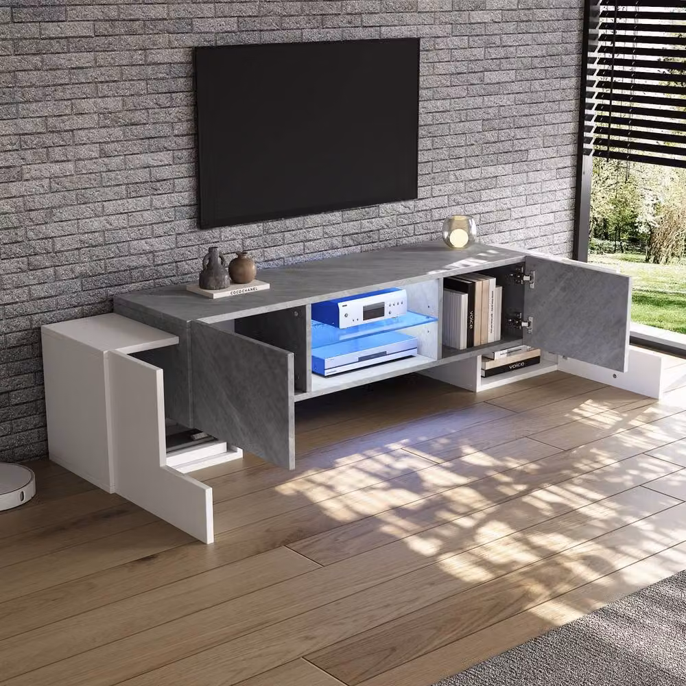 Rolipo Modern LED TV Stand with 4 Doors in White and Grey, Width: 180 cm – 6