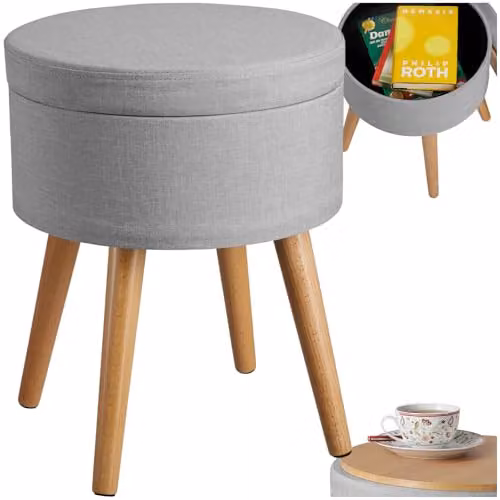 tectake Yara Round Storage Stool in Grey Fabric with Beech Legs, W/D/H: 45.5 x 42.5 x 42.5 cm – 1