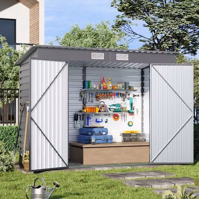 Breeins Grey Galvanised Steel Pent Garden Storage Shed with Sloping Roof