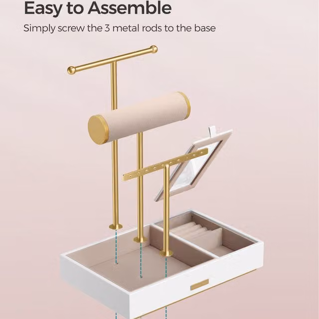 SONGMICS Metal Jewellery Organiser and Stand with Mirror in Gold