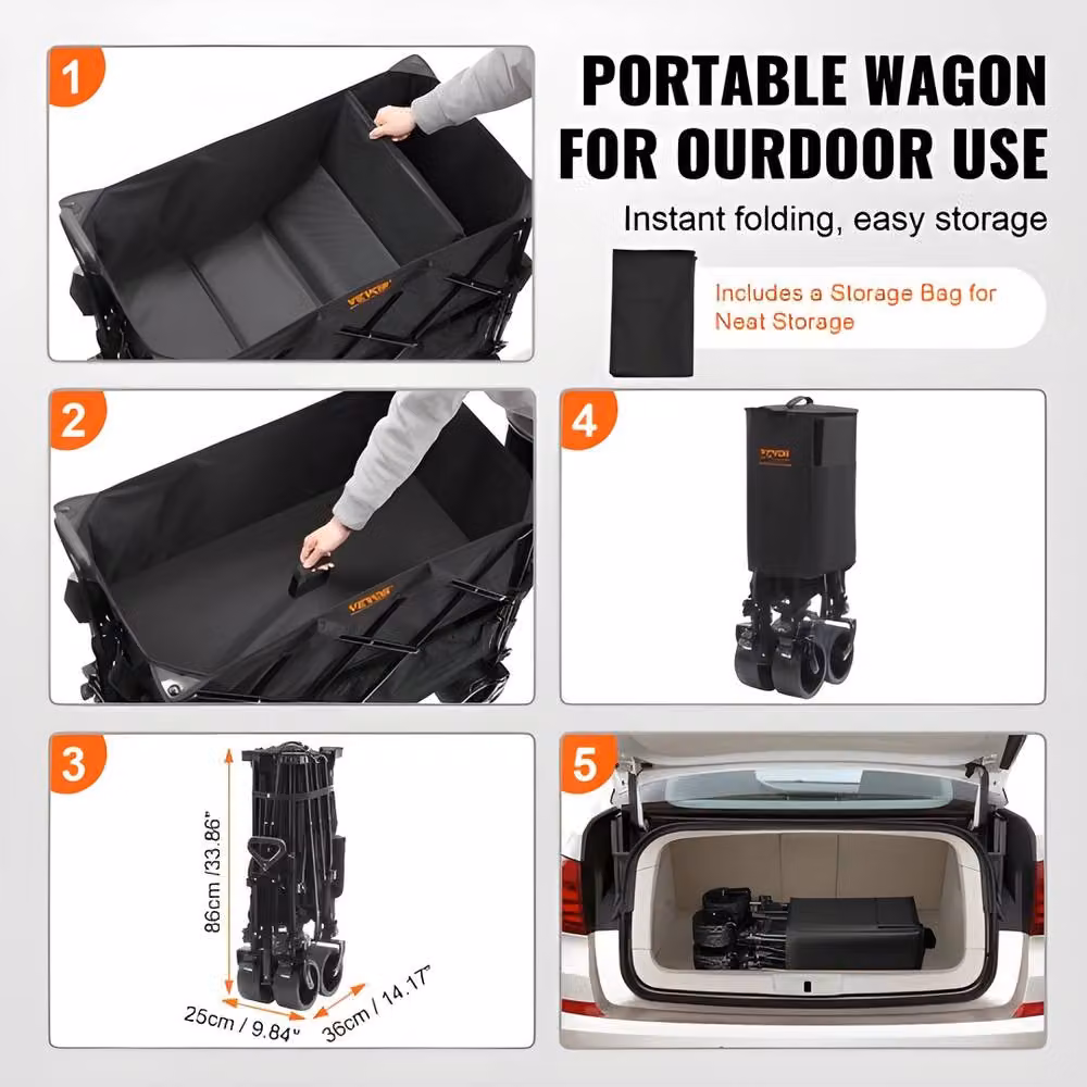 VEVOR Foldable Double Decker All-Terrain Trolley Wagon with Swivel Wheels, 400L Capacity, 450 lbs Load, Black – 6