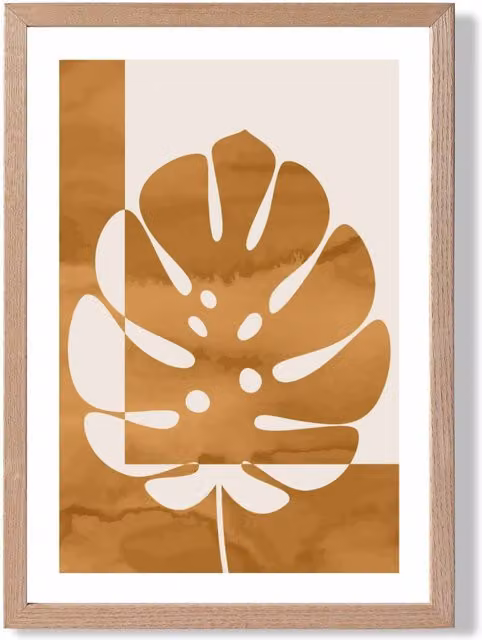 ARTZE Mustard Monstera Mid Century Tropical Framed Print with Oak Frame, A2
