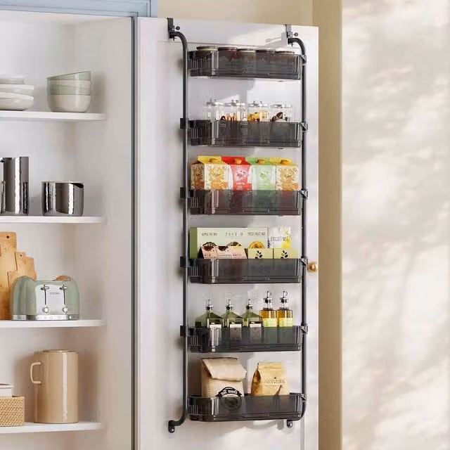 The Bazaarist Over Door Pantry Organiser with 6 Adjustable Baskets, Black and Transparent Black