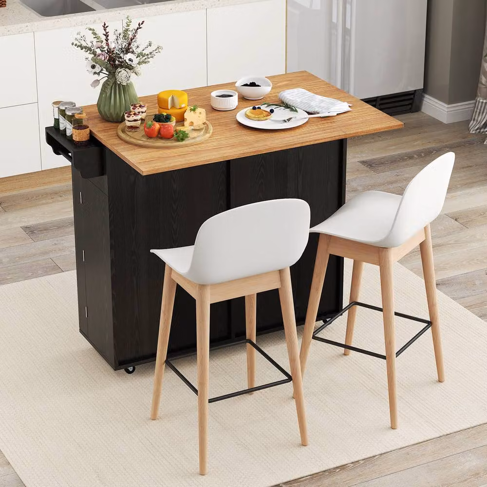 Costway Rolling Kitchen Island with Drop Leaf and 2 Drawers in Black – 2