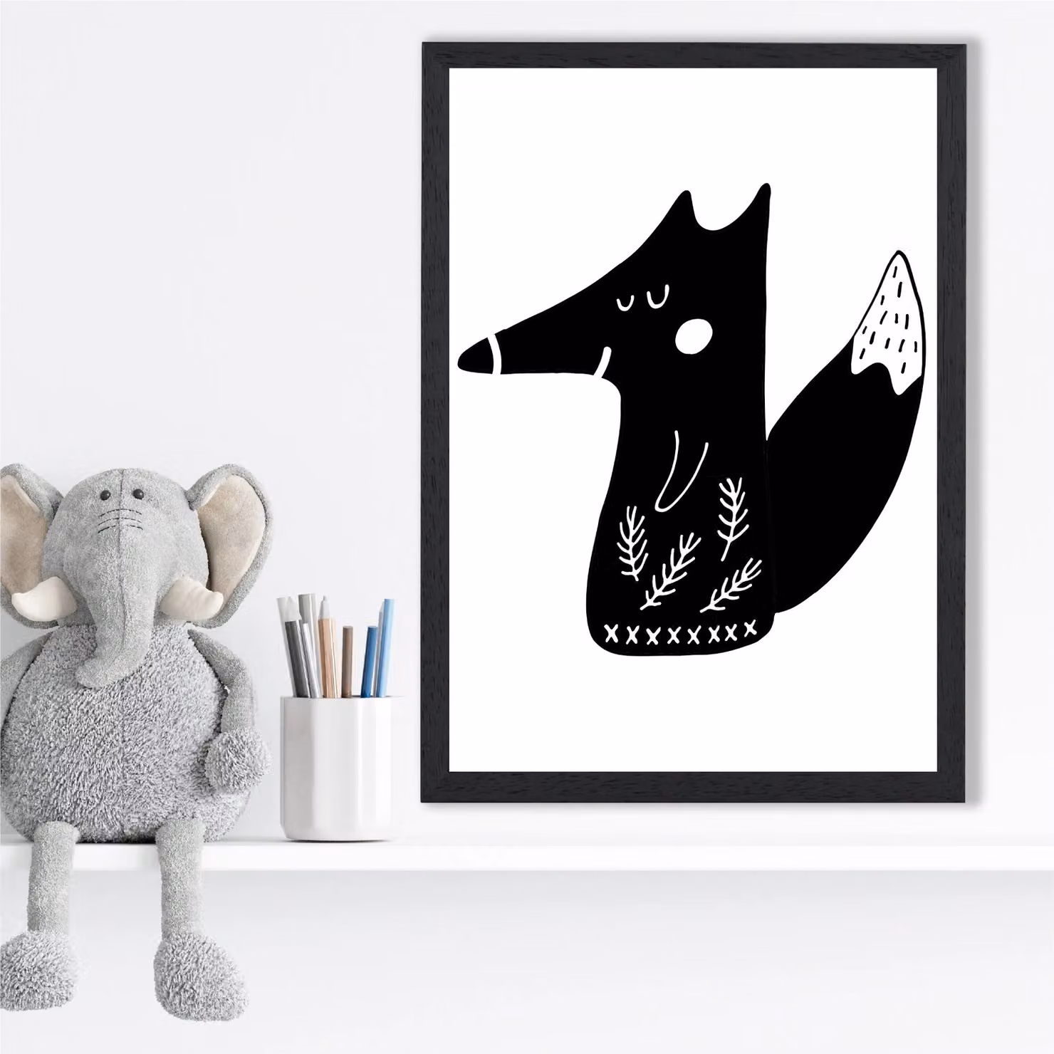 ARTZE Cute Black Fox Scandi Animal Framed Paper Poster in Black, A4 and A3 Sizes – 2