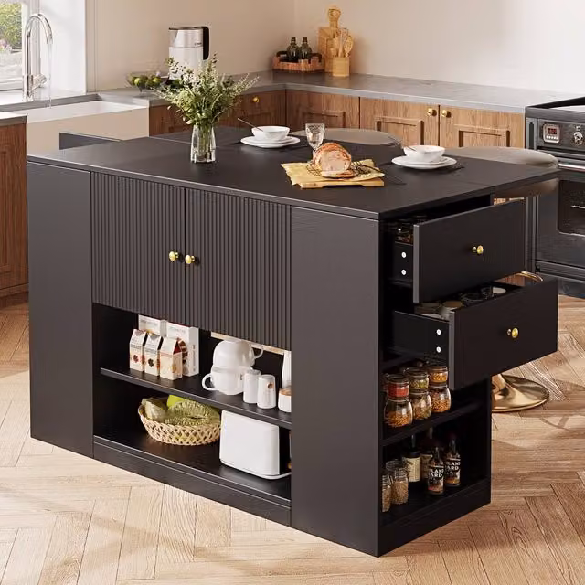 Rolipo Modern Black Kitchen Island with Fold-Down Tabletop and Storage – 1