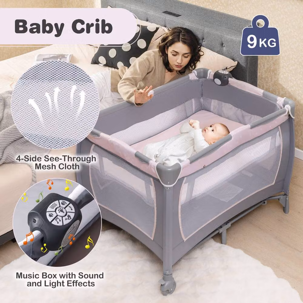 CASART Foldable Nursery Center Bassinet and Baby Playard with Diaper Changing Table in Grey and Multicolour – 4