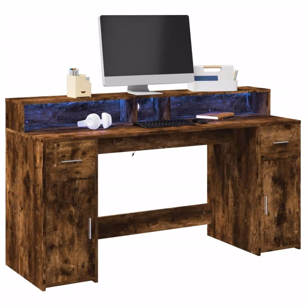 Berkfield Modern Gaming Desk with LED Lights in Smoked Oak Brown, W/D/H: 160 x 55 x 91 cm – 2
