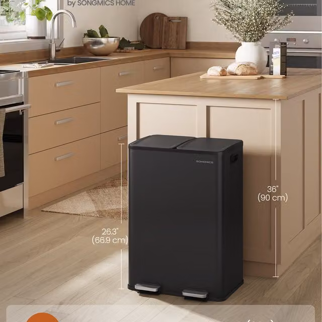 SONGMICS Dual-Compartment Pedal Kitchen Bin, 2 x 8 Gallon, Black