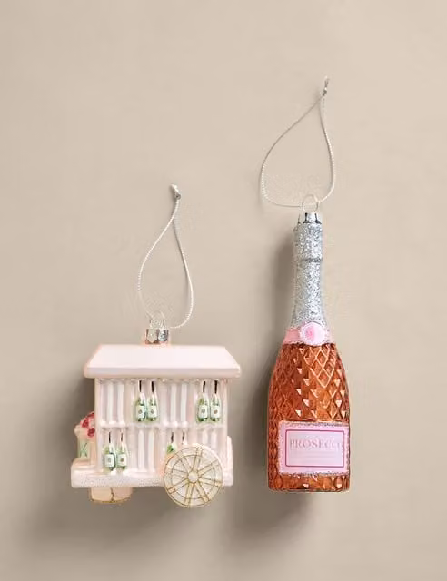 M&S Set of 2 Multicolour Ceramic Prosecco and Cart Christmas Baubles