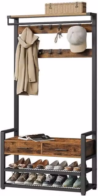 Kelvenix Industrial Hall Tree with Bench and Shoe Storage in Brown – 1