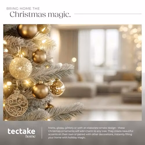 tectake 100-Pack Gold Christmas Baubles with Round Plastic Design for Hanging Ornaments – 7
