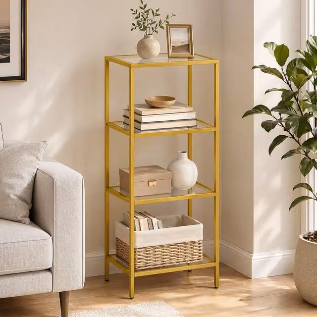 STILVORA 4 Tier Gold Metal and Glass Shelving Unit – 1