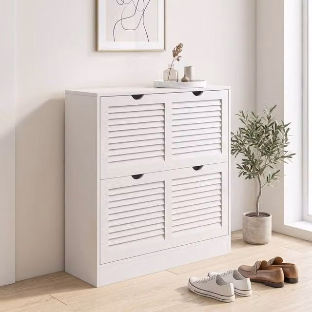 STILVORA White Matt Modern Shoe Cabinet with 2 Tilting Doors and Internal Shelves