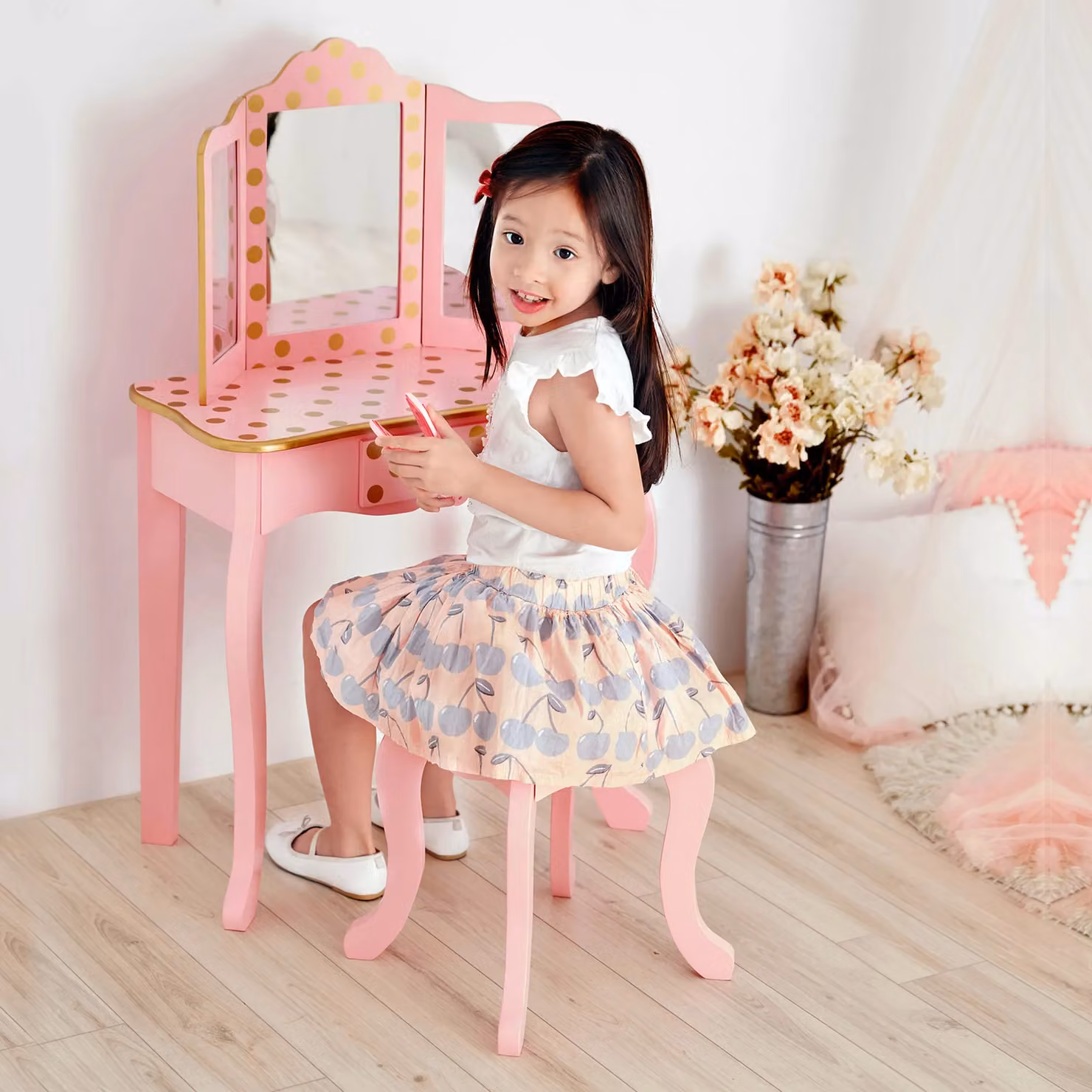Teamson Kids Gisele Princess Wooden Play Vanity Set with Tri-Fold Mirror, Storage Drawer and Matching Stool in Pink with Gold Polka Dot Accent – 2