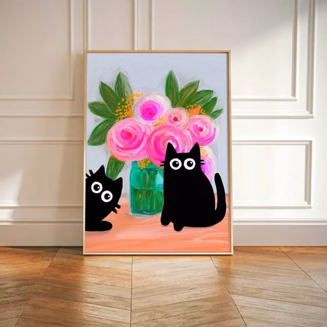 The Paper Tail Black Cats & Roses Multicolour Paper Poster, W: 29.7 cm, H: 42.0 cm