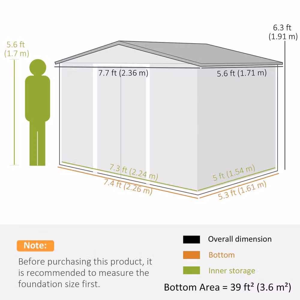 OUTSUNNY Grey Galvanised Steel Pent Garden Storage Shed with Double Door, W/D/H: 236 x 183 x 191 cm – 3