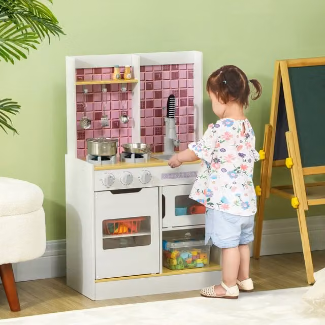 AIYAPLAY Kids Pretend Play Kitchen with Realistic Oven, White
