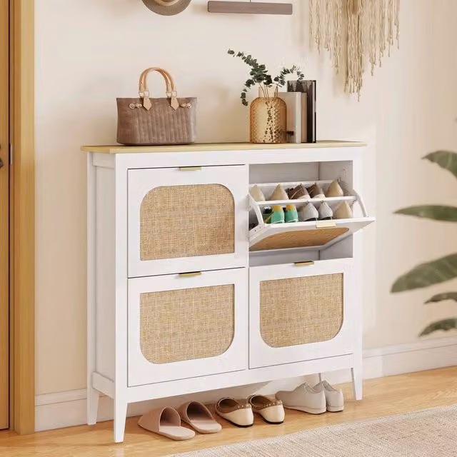 KORVIXA White Rattan Shoe Storage Cabinet with Tilting Compartments, W/D/H: 105 x 24 x 95.5 cm