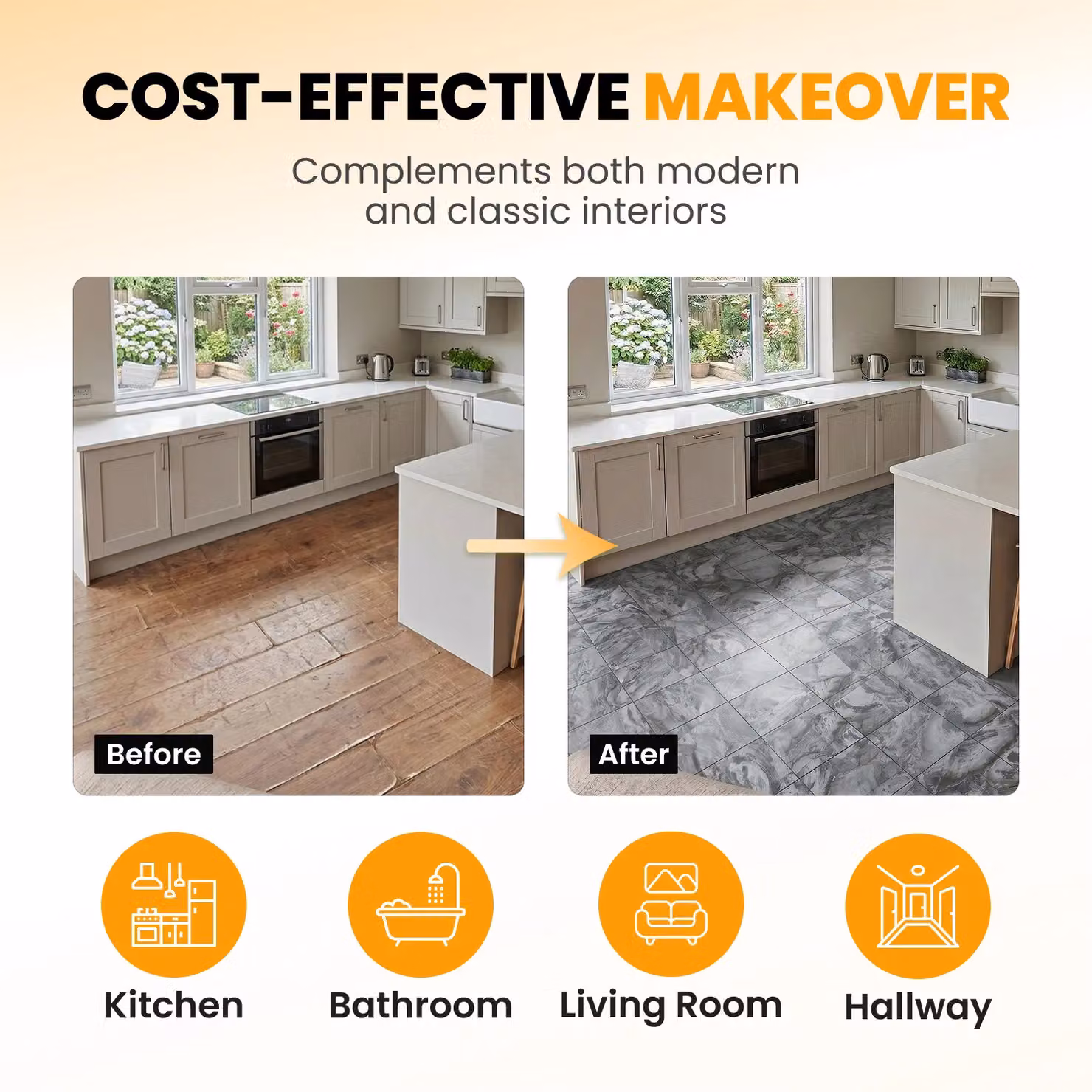 Novecrafto Self-Adhesive Vinyl Floor Tiles, 30 Pack, Charcoal Marble Flow Pattern, W/D: 30.5 x 30.5 cm – 6