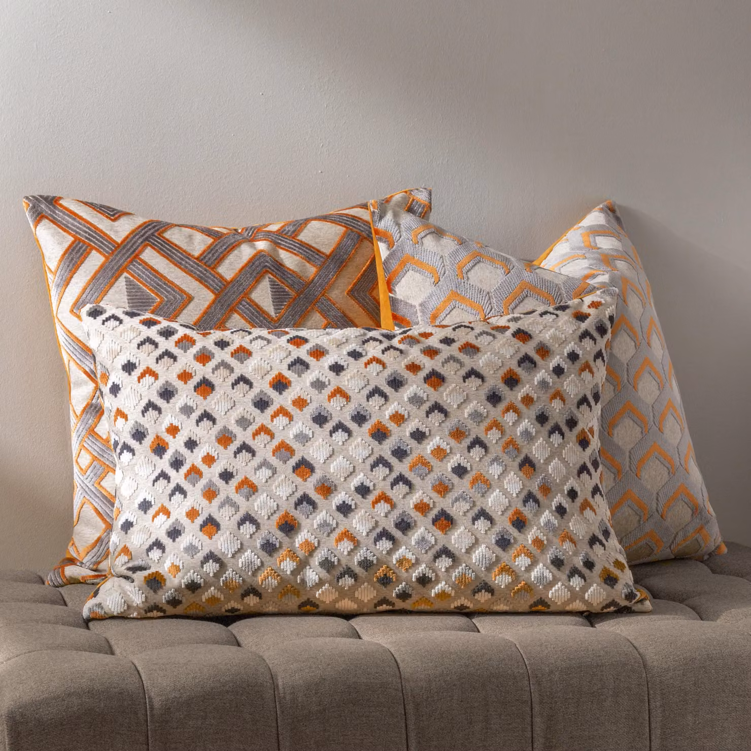 Paoletti Lexington Geometric Velvet Cushion in Orange and Grey, W/D/H: 60 x 40 x 40 cm – 4