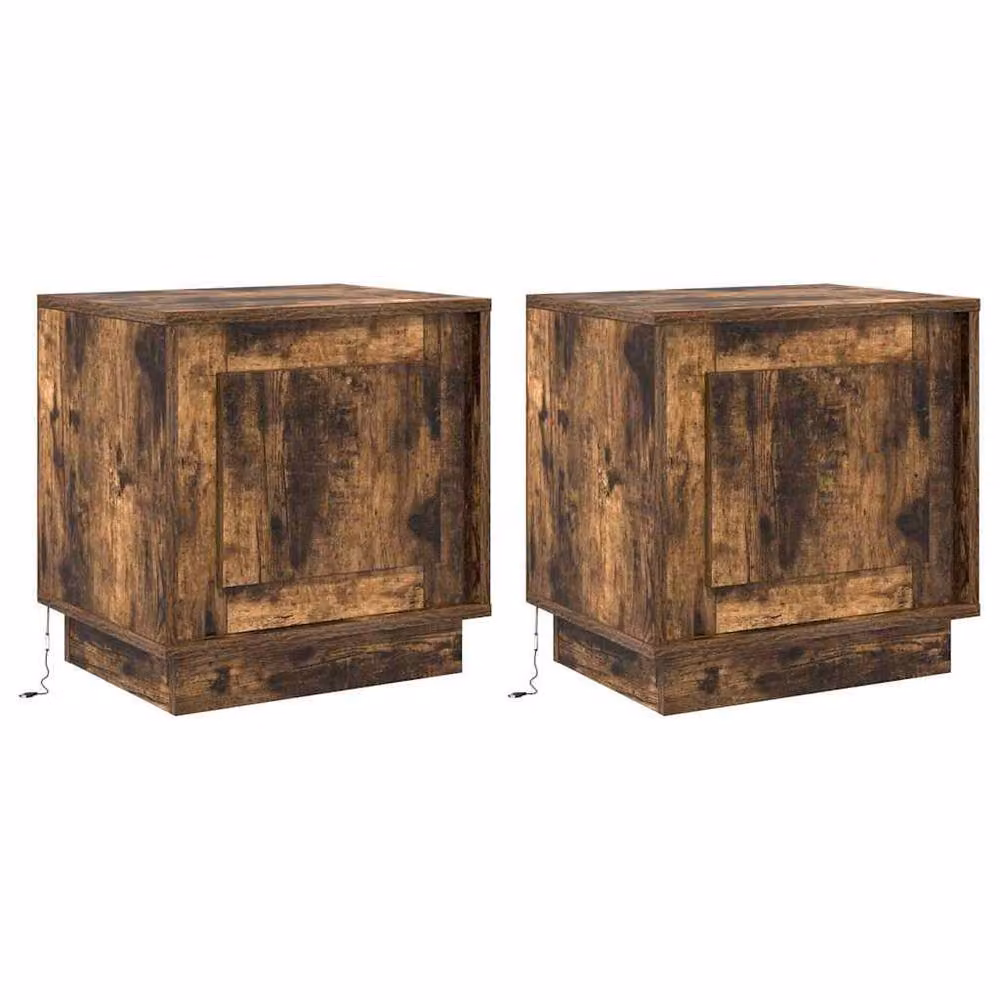 Berkfield Home Beautiful Bedside Cabinets with Integrated LED Lights, Set of 2, Smoked Oak, Brown, W: 44 in, D: 34 in – 3