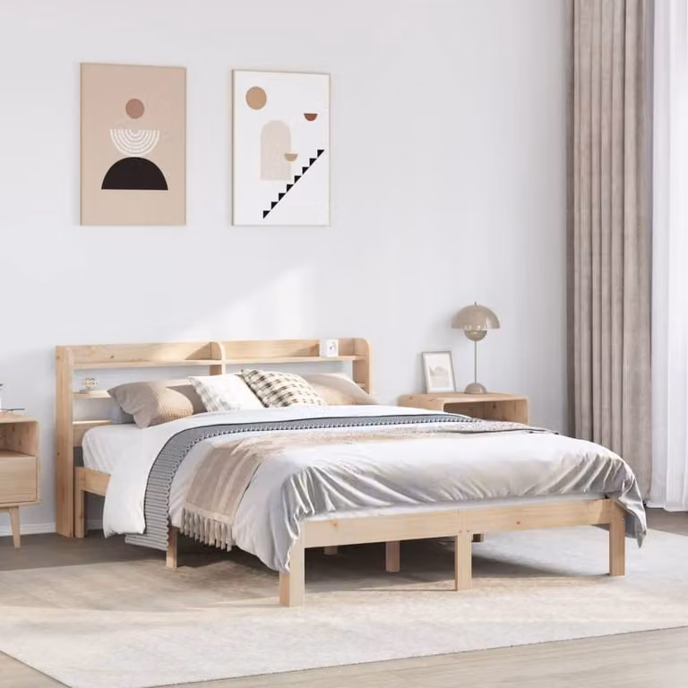 Berkfield Home King Size Solid Pine Bed Frame with Headboard and Side Compartments in Natural