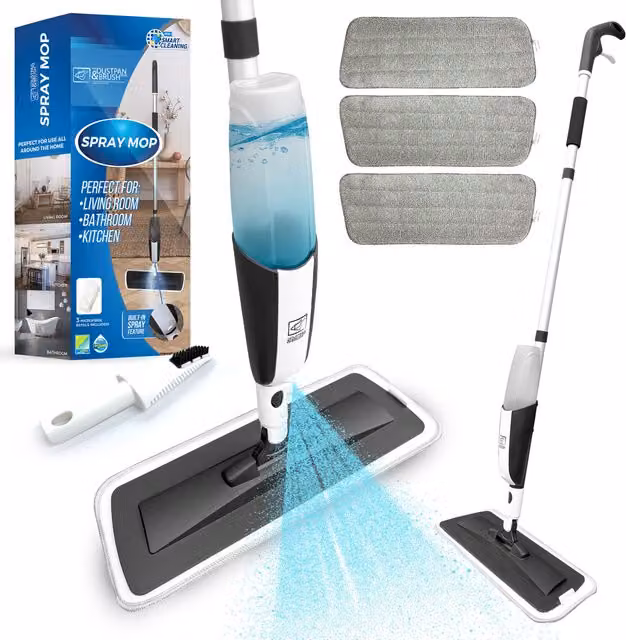 The Dustpan and Brush Store White Spray Mop with Washable Microfibre Pads, Swivel Head and Scraper for Wet and Dry Cleaning
