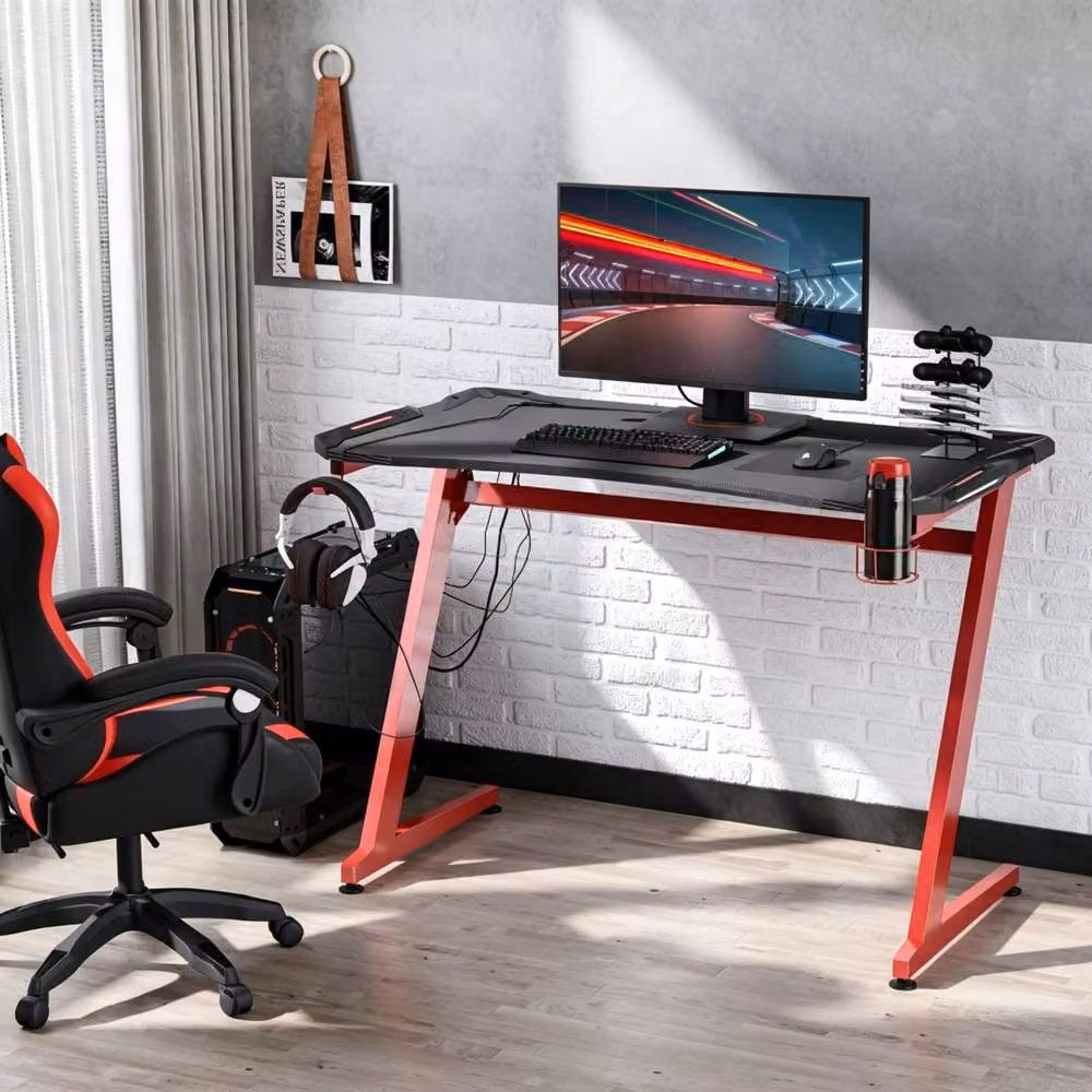 STILVORA Gaming Desk with Carbon Fibre Surface in Red and Black – 2