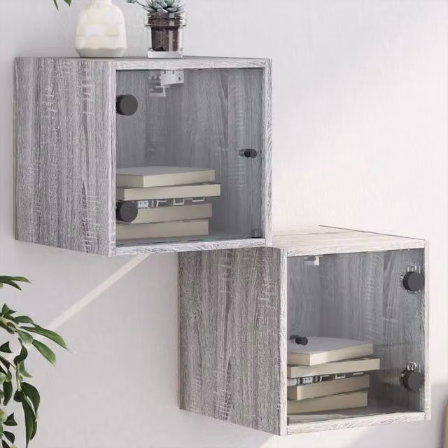 Berkfield Home Set of 2 Grey Sonoma Bedside Cabinets with Glass Doors, W/D/H: 35 x 37 x 35 cm