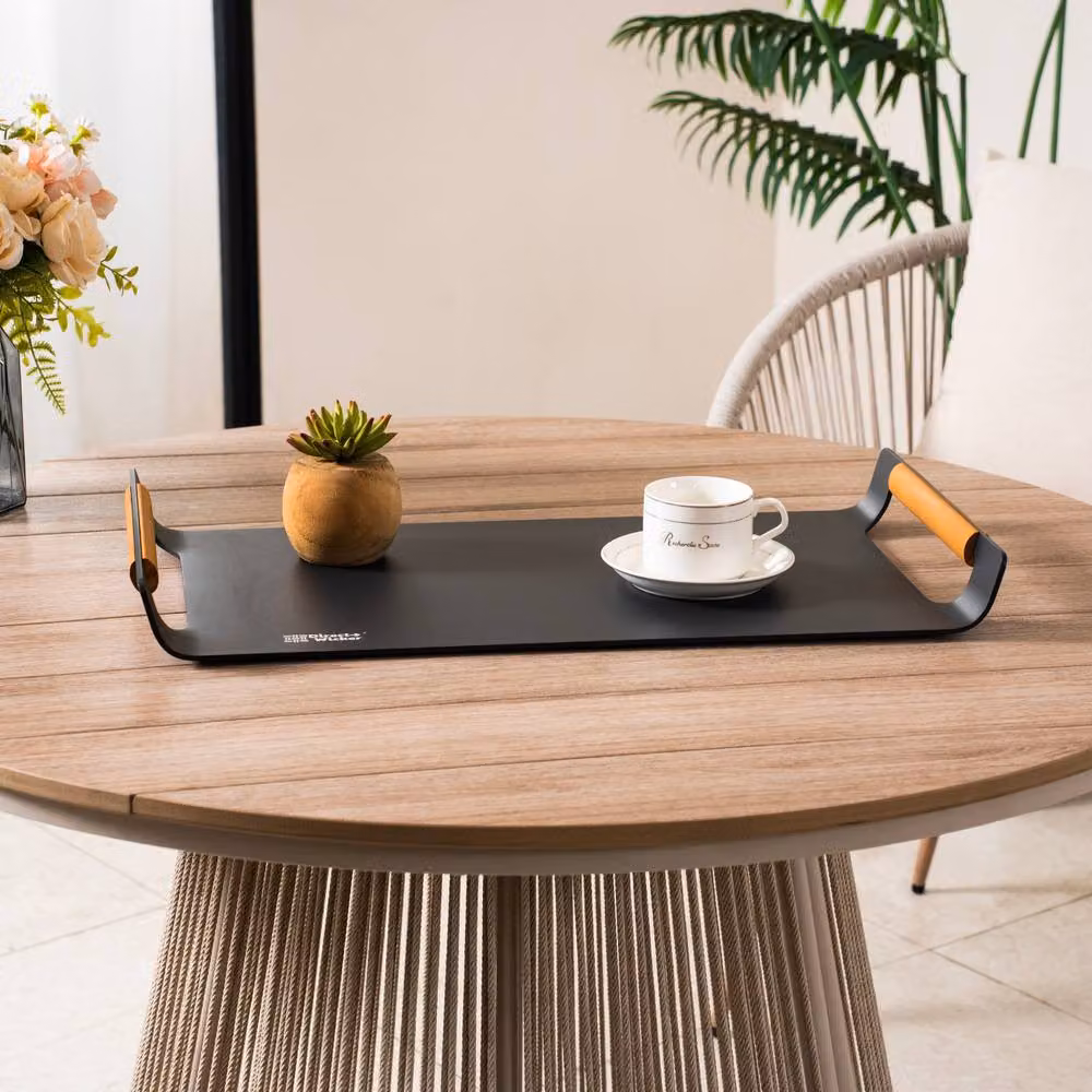MIMO Garden Grey Aluminium Rectangular Outdoor Tray with Teak Handles – 6