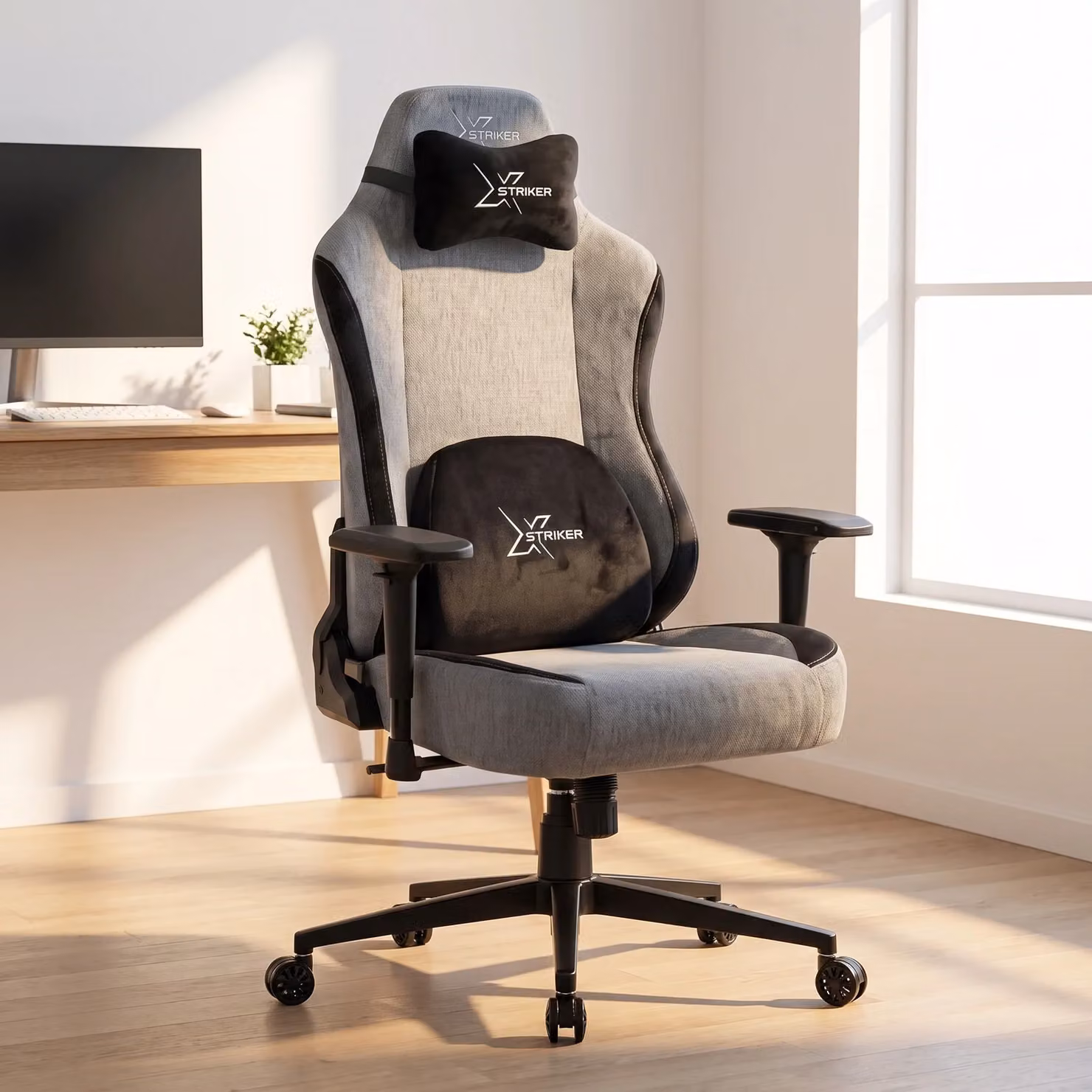Xstriker Ergonomic Grey Velvet Gaming and Home Office Chair with Headrest and Armrests