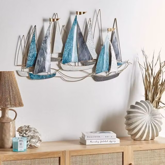 Wyld and Coco Blue and Gold Handmade Metal Nautical Wall Art with Abstract Boat Design – 1