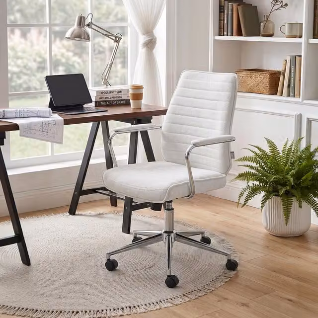 Livingandhome Modern White Fabric Swivel Task Chair with Armrests
