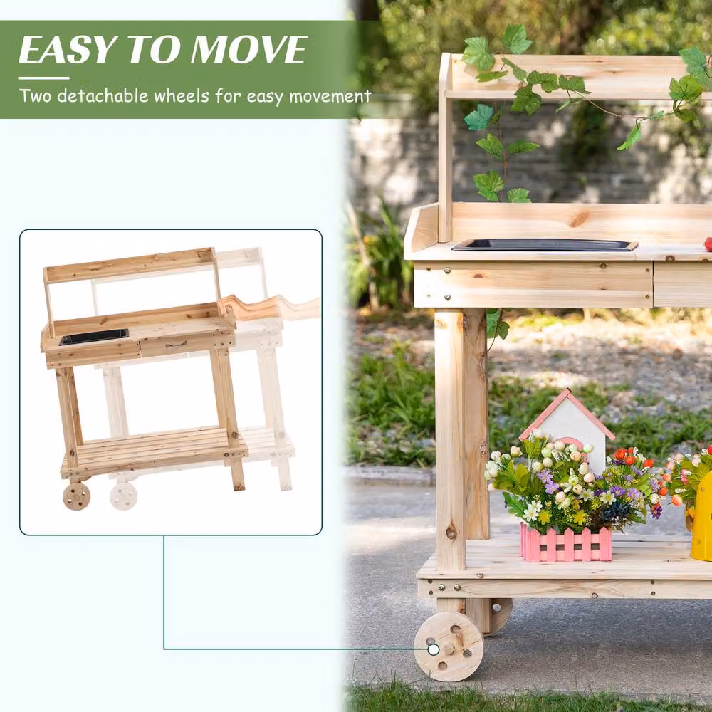OUTSUNNY Wood Potting Bench Work Table with 2 Wheels and Drawer, Natural, W/D/H: 92 x 45 x 119 cm – 3