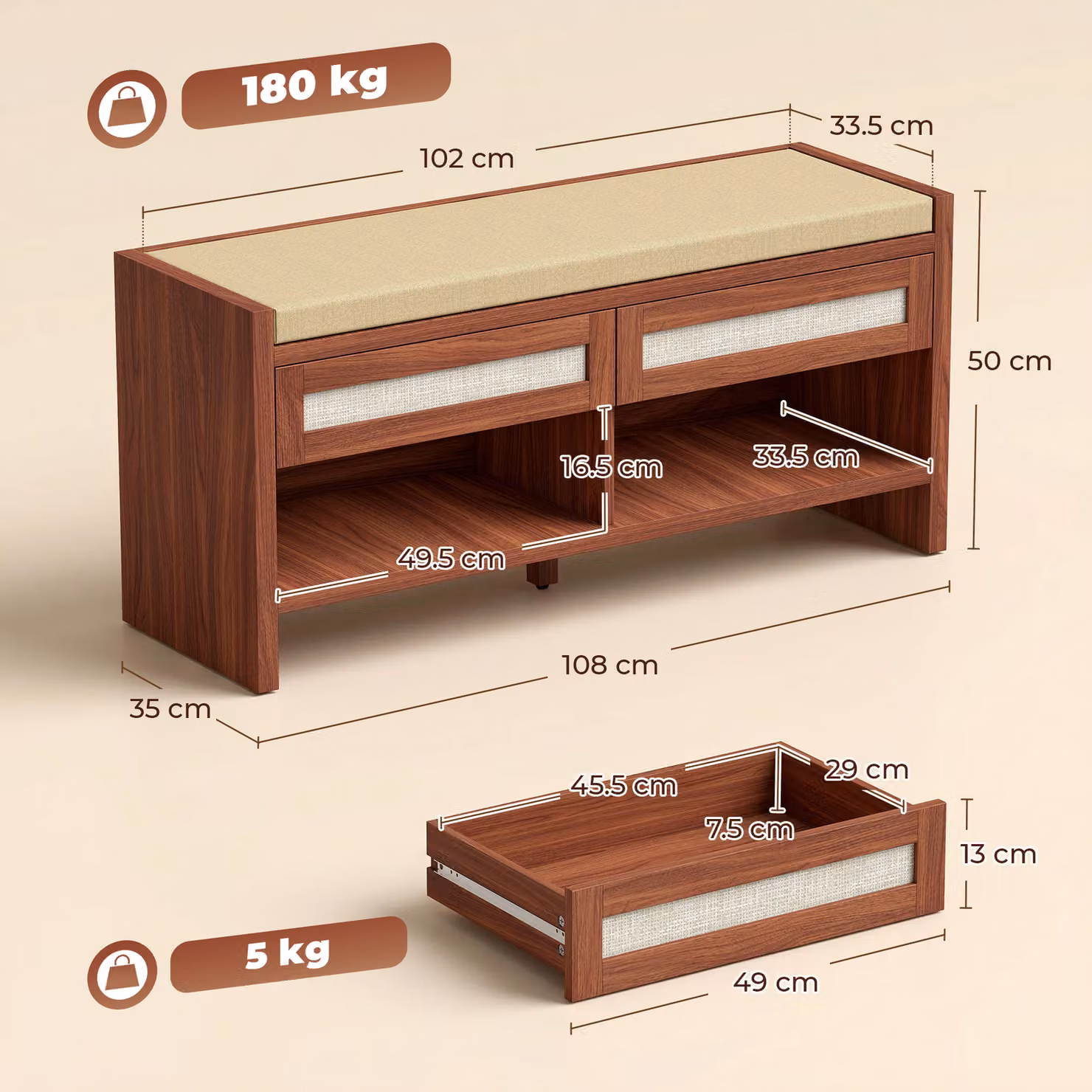 HOMCOM Boho Shoe Storage Bench with 2 Rattan Drawers, Cushioned Seat and Open Shelf, Brown – 3