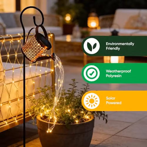 Gardenwize Solar Watering Can Stake Light with Warm White Cascading LED String Lights in Black – 5