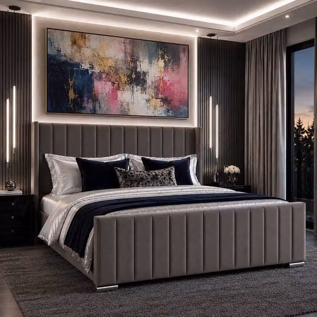 Harmin Luxury EU Double Winged Ottoman Bed in Dark Grey Plush Velvet with Lift Up Base – 1