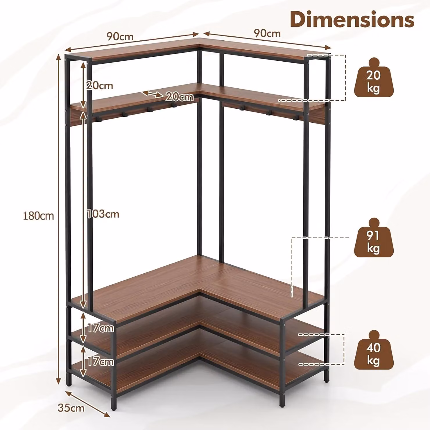 Gymax L-shaped Hall Tree with Corner Shoe Bench, Open Shelves and 7 Hooks in Dark Brown – 3