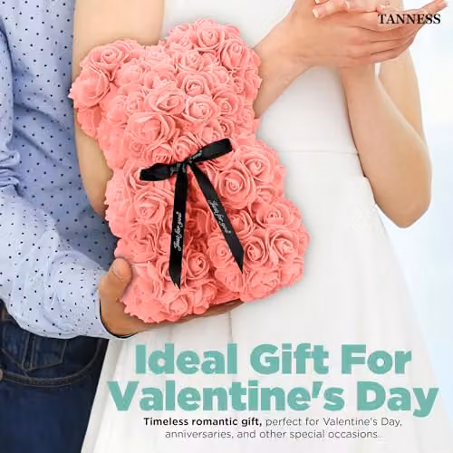 Tanness Artificial Rose Bear with Transparent Gift Box and Black Ribbon, Pink – 3