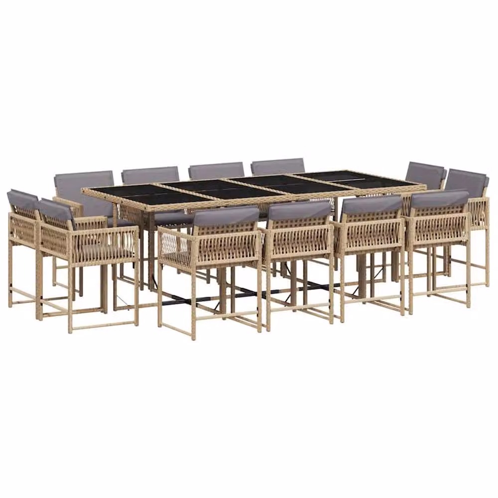 Berkfield Home 13 Piece Poly Rattan Garden Dining Set with Cushions and Glass Top in Beige – 2