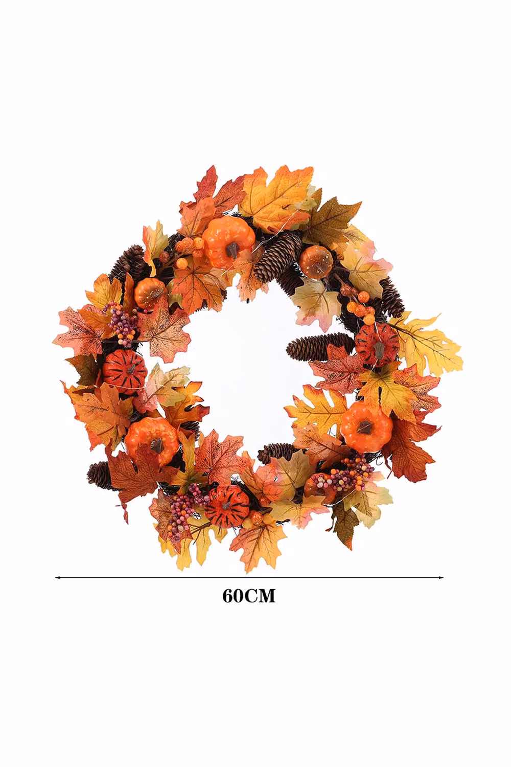 Living and Home Orange Pre-Lit Autumn Wreath with Maple Leaves and Pine Cones, Diameter: 60 cm – 3