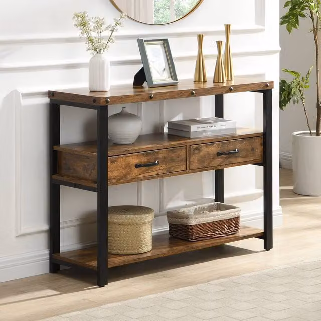 Mona Vale Furniture Industrial Console Table with 2 Drawers and Open Shelf in Brown